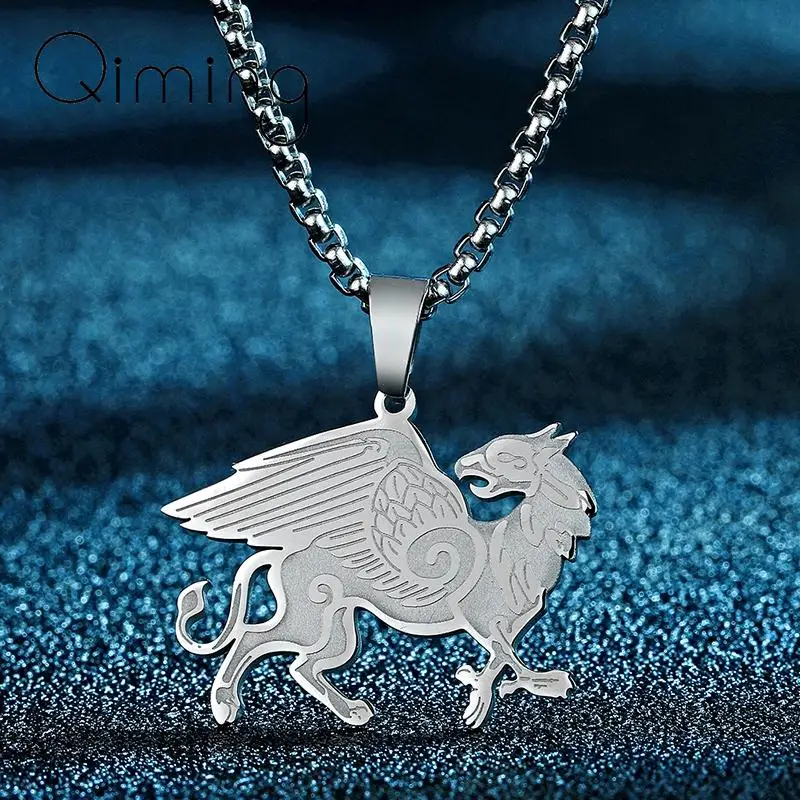 Mythological Anglo-Saxon Griffin Pendant Necklace Men Women Stainless Steel Amulet Jewelry Mythical Creatures Necklace