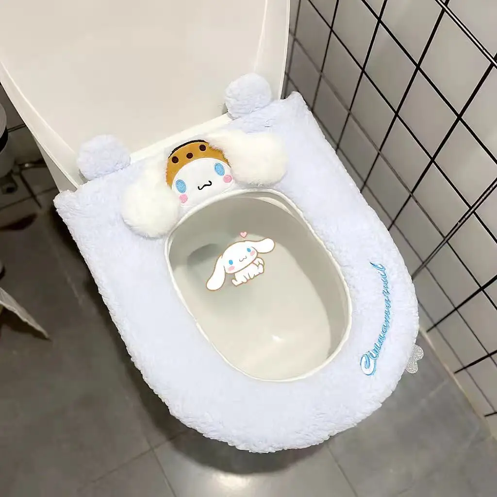 Kawaii Sanrio Toilet Seat Cover Cinnamoroll Anime Thickened Soft Plush Washable Seat Cushion Home Toilet Lid Cover Accessories