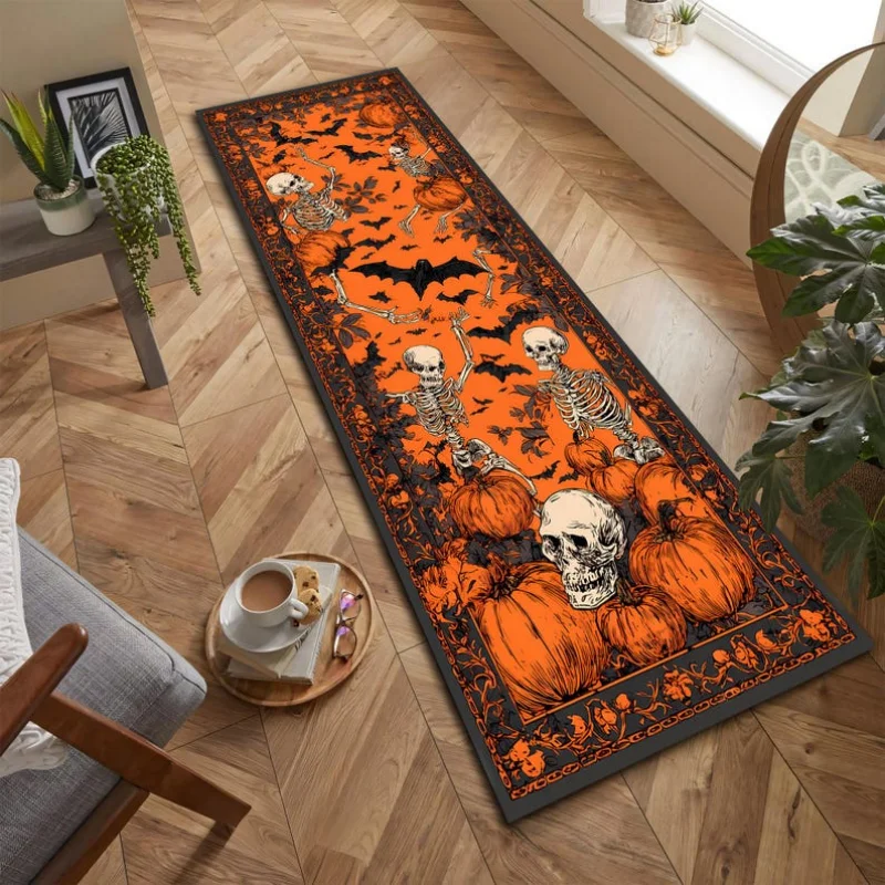 VIKAMA Vintage Orange Halloween Long Runner Mat Skeleton Pumpkin Bat Print Non Slip Washable Farmhouse Kitchen Hallway Decor Rug