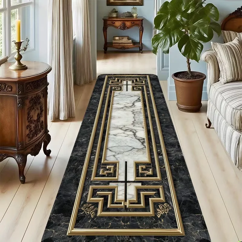 Luxury Marble Geometric Runner Rug Modern Greek Key Print Soft Non-Slip Hallway Carpet Living Room Bedroom Entryway Decor Rug