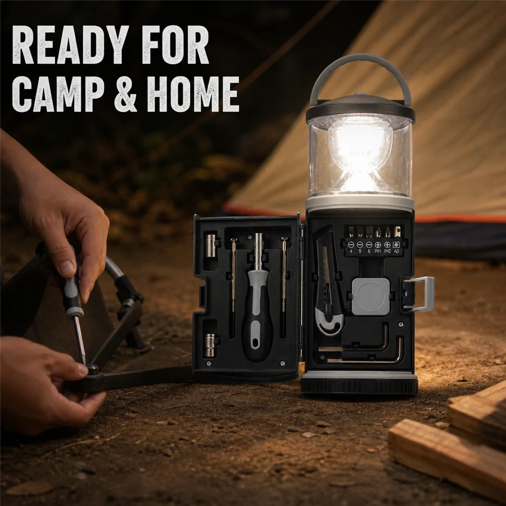 Portable LED Camping Lantern with Built-In 13-Piece Tool Set, White Light and Red Warning Mode for Car Home Outdoor Emergency RV