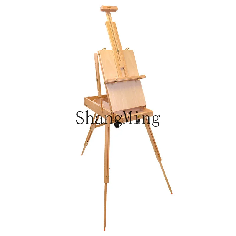 SM home new art special simple red beech pull rod oil painting box easel wooden