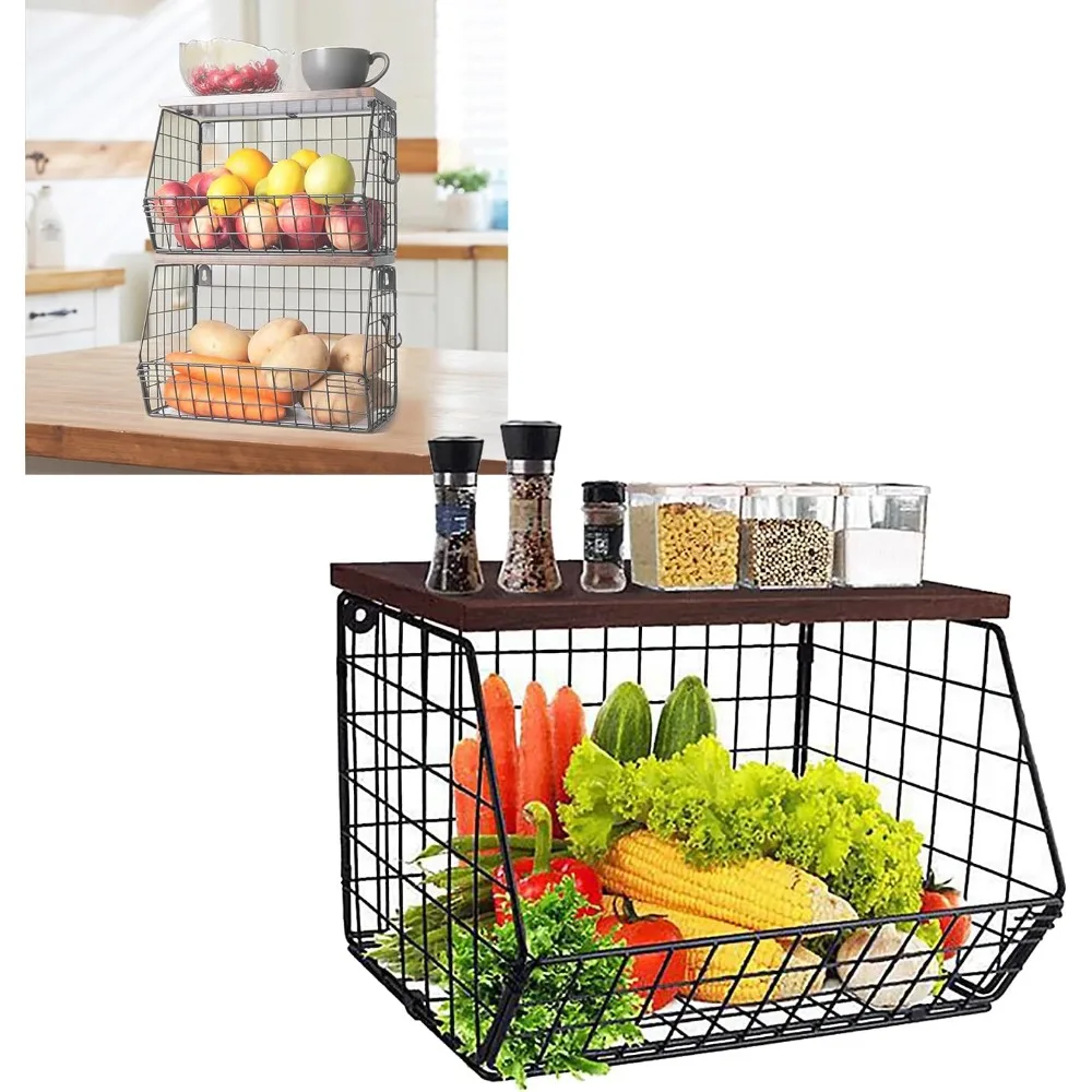 

Hanging Wall Fruit Basket for Kitchen Counter 1 Pack,Wire Basket with Wood Lid for Counter Wall-Mounted,Potato and Onion Storage