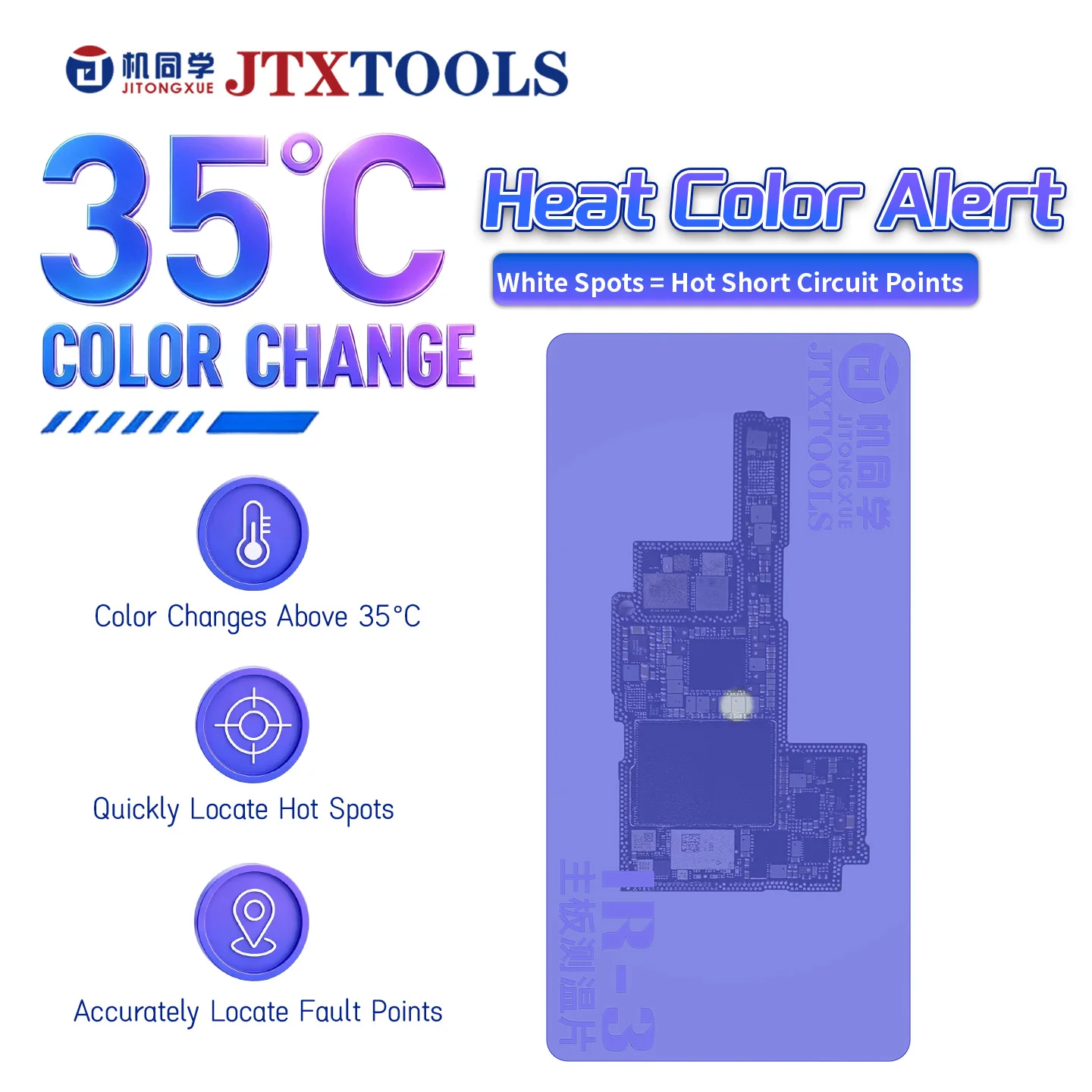 JTX IR-3 Motherboard Short Circuit Finder Pad 35°C Thermochromic Color Change Heat Detection Reusable for Phone PCB Repair