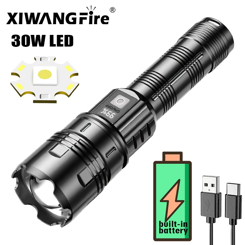 30W Powerful LED Flashlight Built-in Battery Torch Light High Power Flashlight Lantern Long Rang Hand Lamp For Camping Fishing