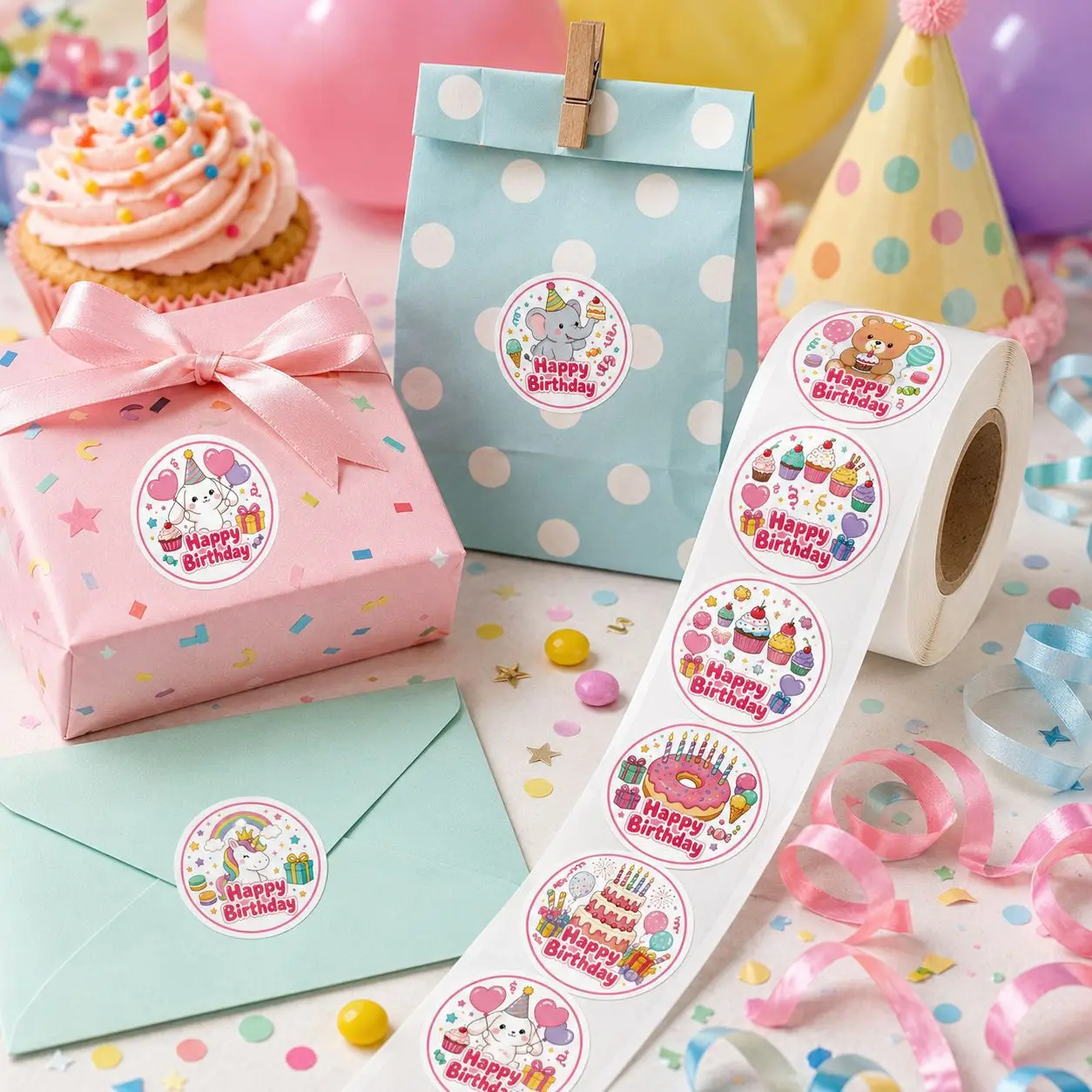 1000pcs Happy Birthday Roll Stickers Round Labels Banner Tag Seal Sticker for Card Boxes Party Envelope Decoration DIY Gift ﻿
