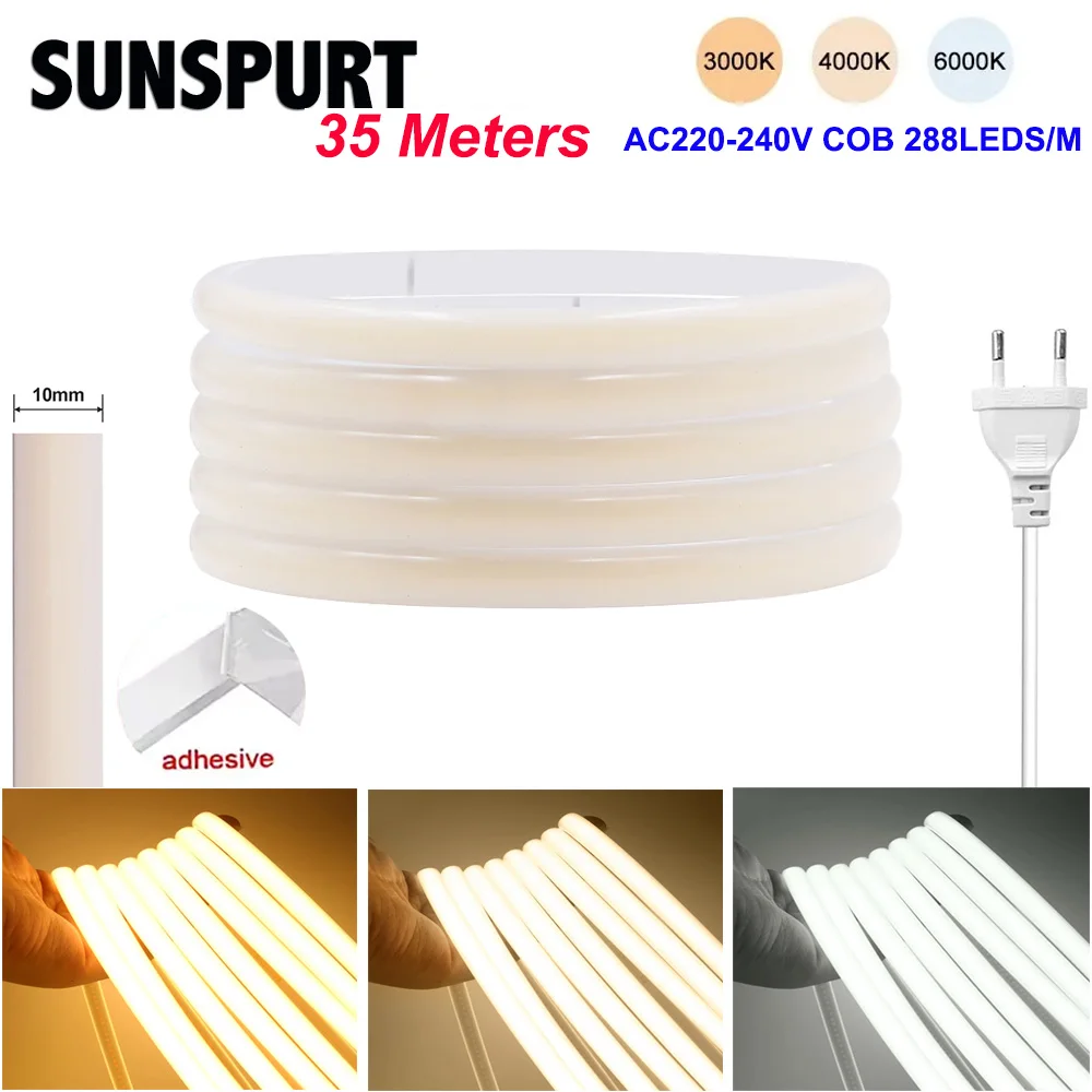 

35m 220V COB LED Light Strip IP68 Waterproof Adhesive Tape With EU Plug Flex Silicone Tube Lamp For Home Outdoor Garden Lighting