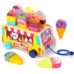 Montessori Wooden Ice Cream Car with 28 pcs Magnetic Ice Cream Pretend Play Food & Accessories for Toddler Girls & Boys Age 3-6