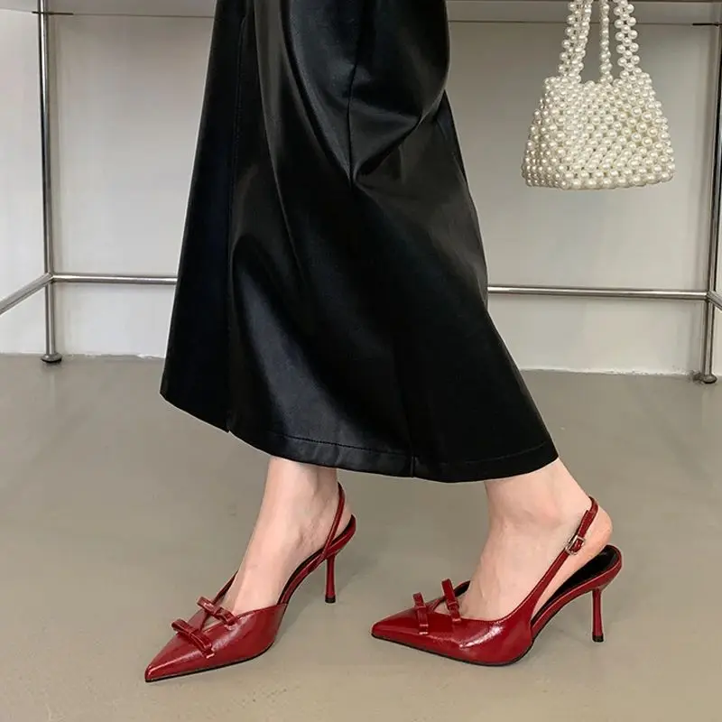

Bowknot Stilettos Heels Slingbacks Women Pointed Toe Patent Leather Elegant Pumps Party Prom Stripper Shoes Back Buckle Sandals