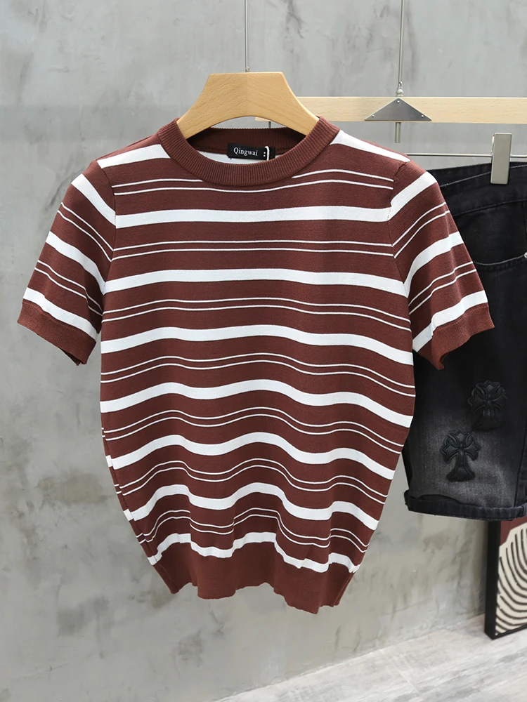 

Мужская футболка Ice Silk Slim Fit ort Sve, лето 2024, новинка круглого цвета в полоску, вязаный базовый слой irt Trendy And Haome