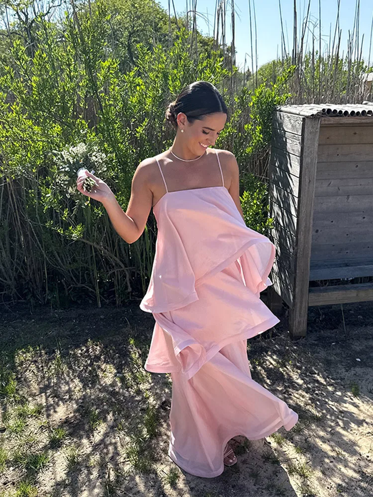 

Ruffled Multi Layered Slip Dress Large Skirt Hem Halter Loose Beach Suspender Robes Fluffy Strap Long Dresses Women's Clothing