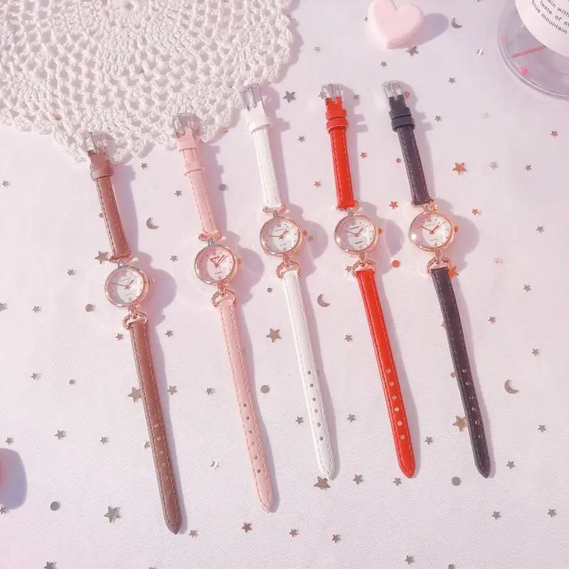 Edição Coreana Único Couro Rosa Pequeno Dial Quartz Glow Relógio das Meninas Lazer Academia Estilo Relógio Relógio Infantil Relaxio