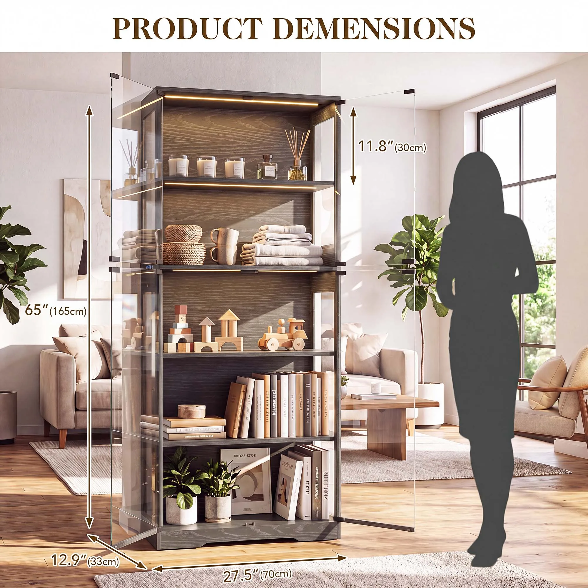 TCGBKAF Wooden Frame 5‑Tier Display Showcase Cabinet with Glass Doors, Motion Sensor Dimming LED Lights, Collectible Figures Display Storage Unit for Living Room Bedroom Office