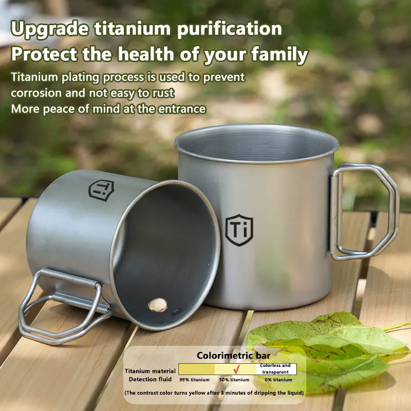 Ultraleichter Titanbeschichteter Becher Tragbarer Wasserbecher mit Klappgriff für Outdoor-Camping Picknick Bier Kaffee Kaltgetränke