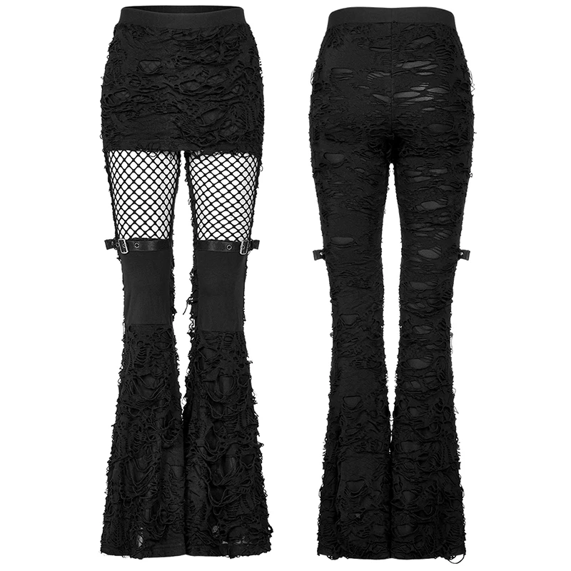 

PUNK RAVE Women Gothic Flare Pants Visual kei Black Distressed Knit Bell Bottoms High Waist WK485