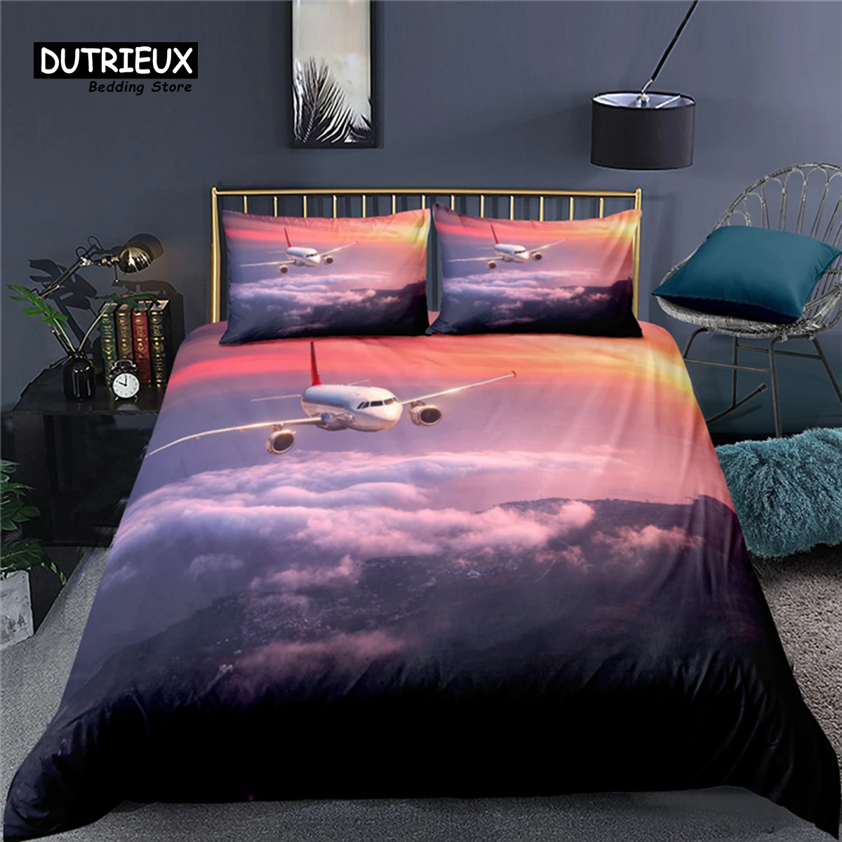 Luxury 3D Airplane Print Home Living Comfortable Duvet Cover Pillowcase Kids Bedding Set Queen and King EU/US/AU/UK Size