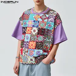 INCERUN Men T Shirt Printing Patchwork O-neck Short Sleeve Loose Men Clothing Streetwear Summer 2024 Fashion Casual Tee Tops