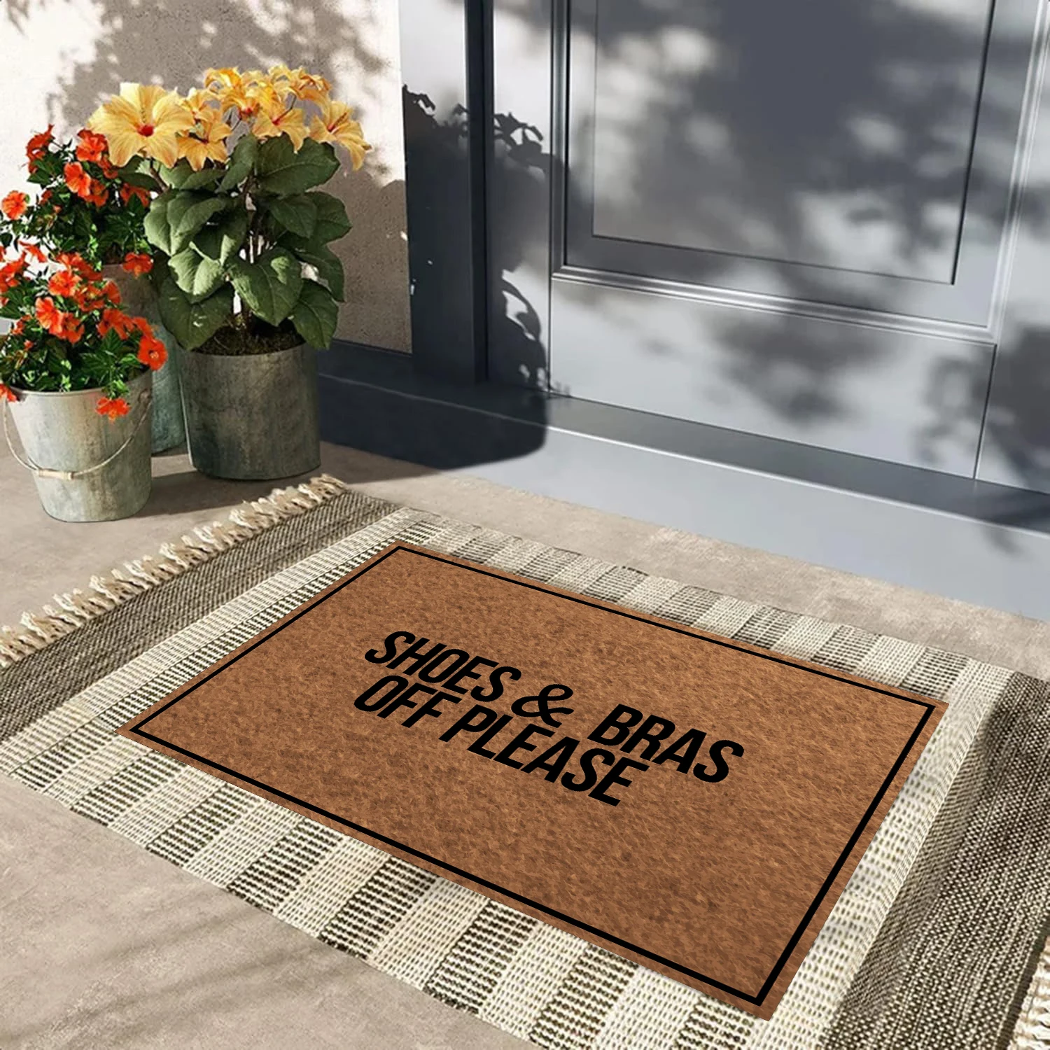 

Non-slip Rubber Door Mat, Shoes & Bras Off Please,Outdoor Indoor Decorative Mats,Machine-washable Dustproof Doormat Entrance