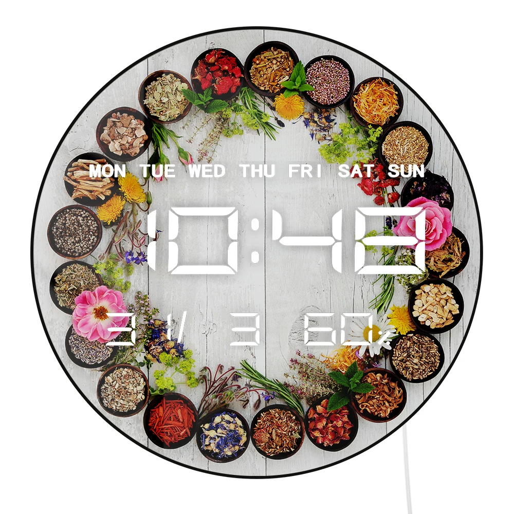 

Natural Flower Herb Medicine Large Digital Wall Clock with Temperature Humidity Date Calendar 12/24hr Format Electric Wall Clock