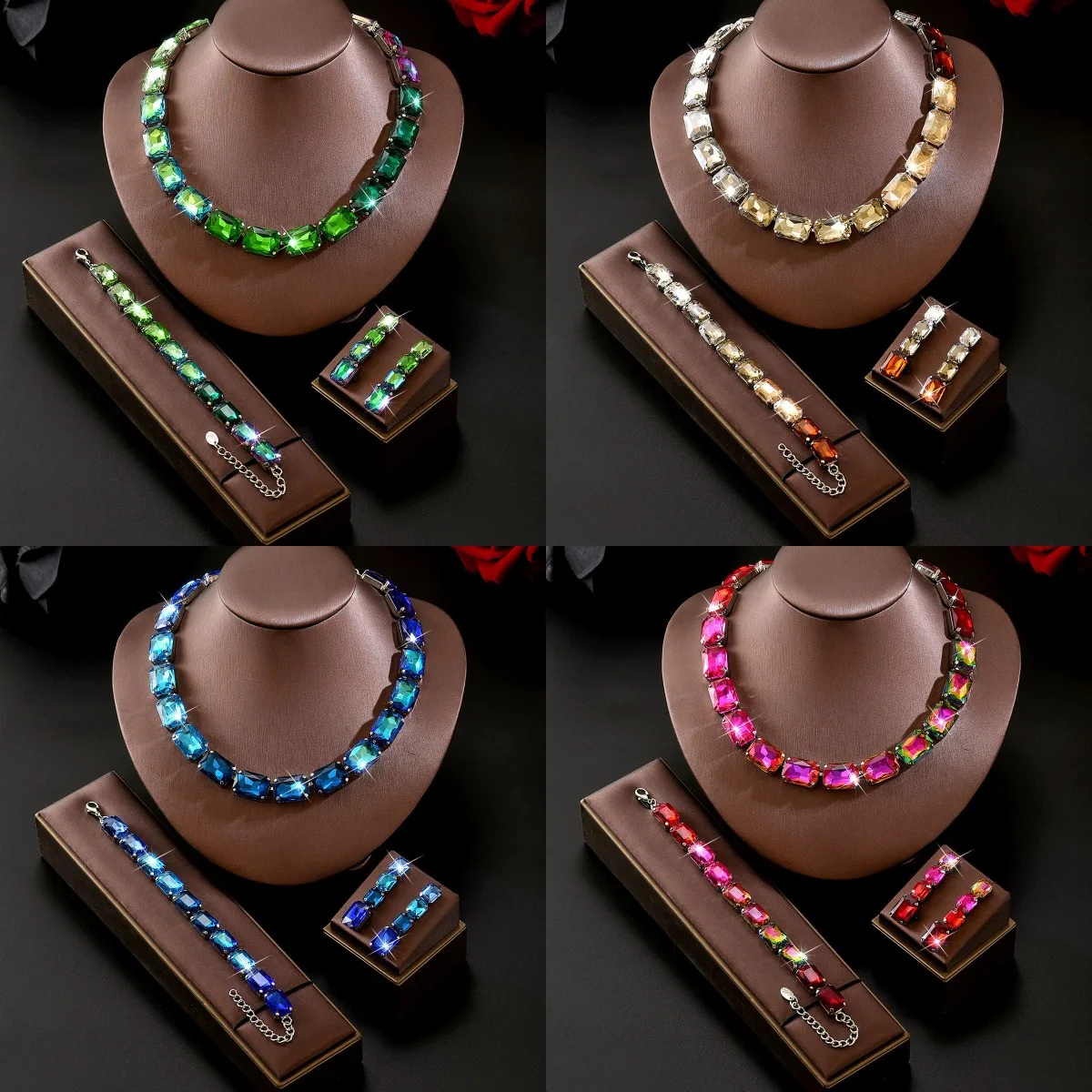 Jiaoan Cross Border Hot Selling Diamond Square Tassel Earrings Bracelet Necklace Set Personality Fashion Versatile Premium