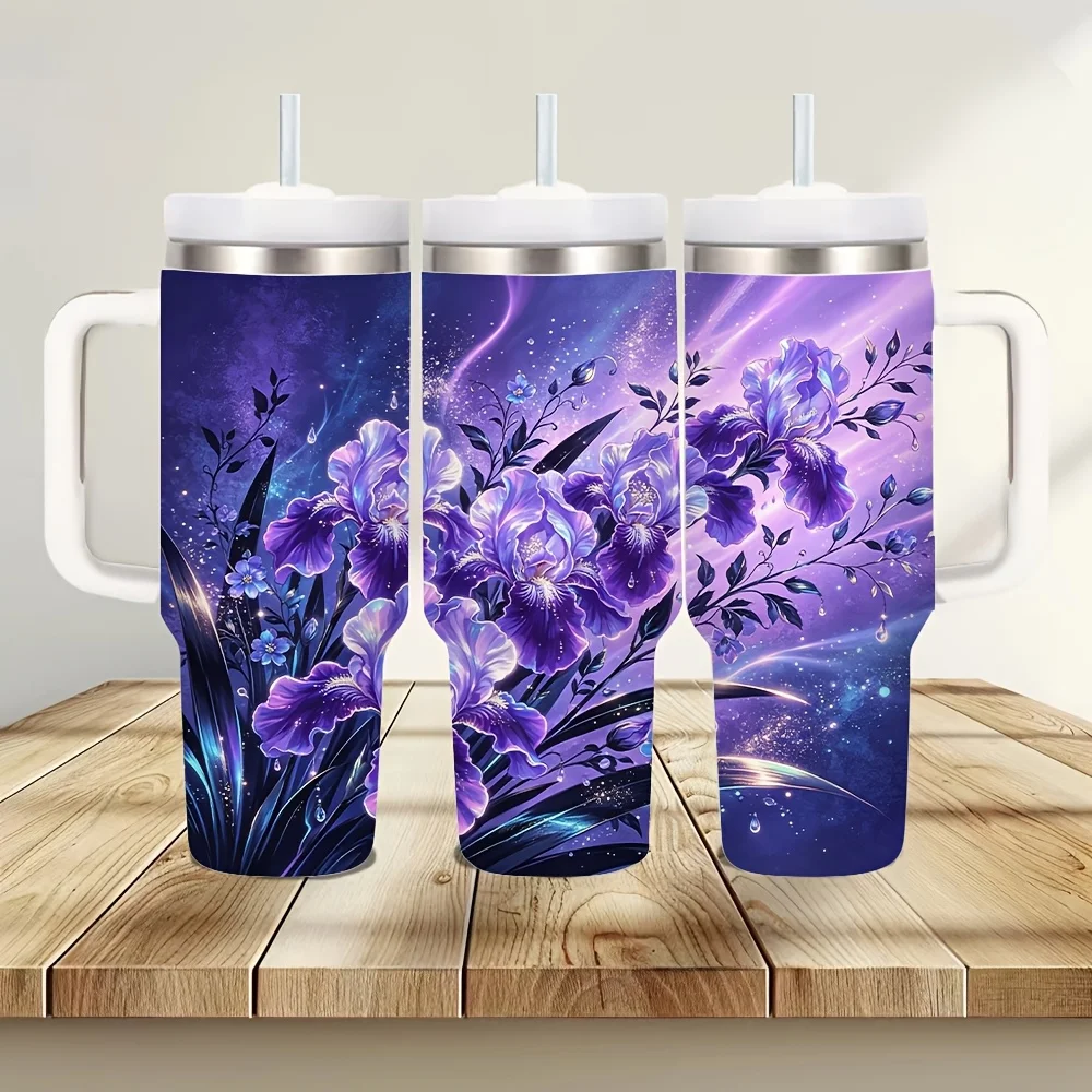 40Oz Purple Iris Flower Print Insulated Tumbler with Handle, Large Capacity for Hot And Cold Drinks, Suitable for Women'S Daily Use, Outdoor Travel, And Indoor Office Scenes