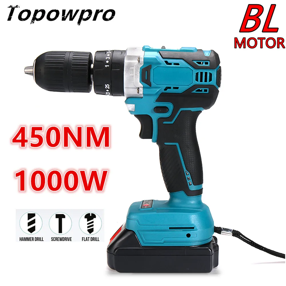 Brushless Electric Hammer Impact Drill 25+3 Torque 1000W 450NM 3 in 1 Cordless Rechargeable  For Makita 18v Battery