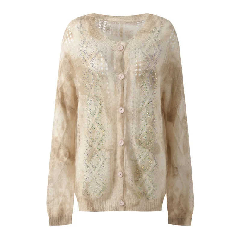 خريف جديد المرأة جولة الرقبة جوفاء خارج الماس مطعمة فضفاضة طويلة الأكمام سترة مشغولة من الصوف y2k المألوف سترة سترة غير رسمية #5