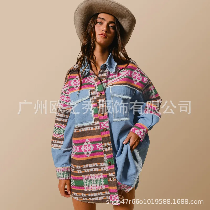 Femmes Denim veste manteau Patchwork simple boutonnage col rabattu Vintage lavé poches vêtements d'extérieur Streetwear automne 2025