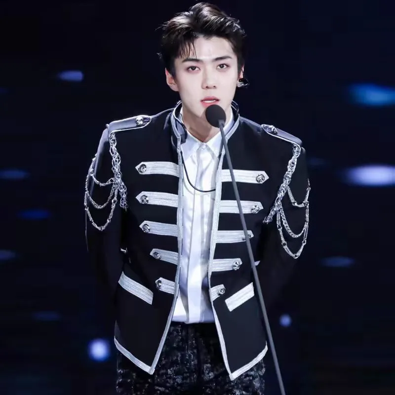 

Mens Court Metal Chain Blazer Jacket Red Black Slim Rock Singer Dancer Group Blazers Performance Clothes Party Stage Costume