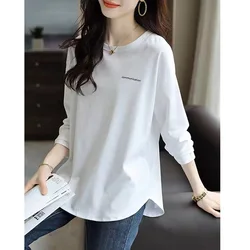 Fashion Printing Letter Thin Mid Length Version T-shirt Women Classic Long Sleeve O-collar Loose Casual All-match Lady Top