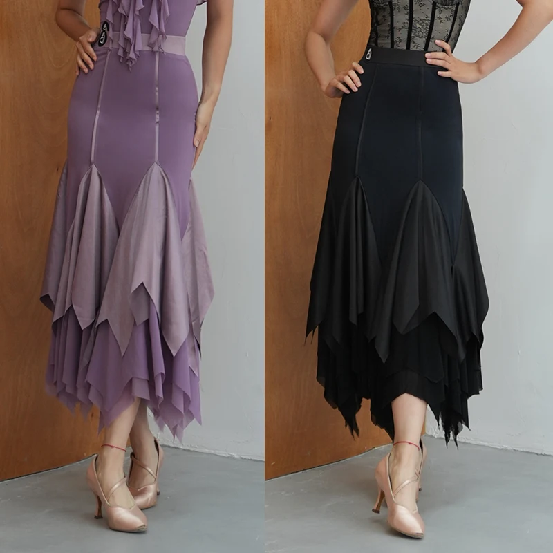 Spódnica do tańca towarzyskiego damska, strój do tańca latynoamerykańskiego, nieregularna fioletowo-czarna długa spódnica z falbanami, kostium do tanga, walca, BL17234