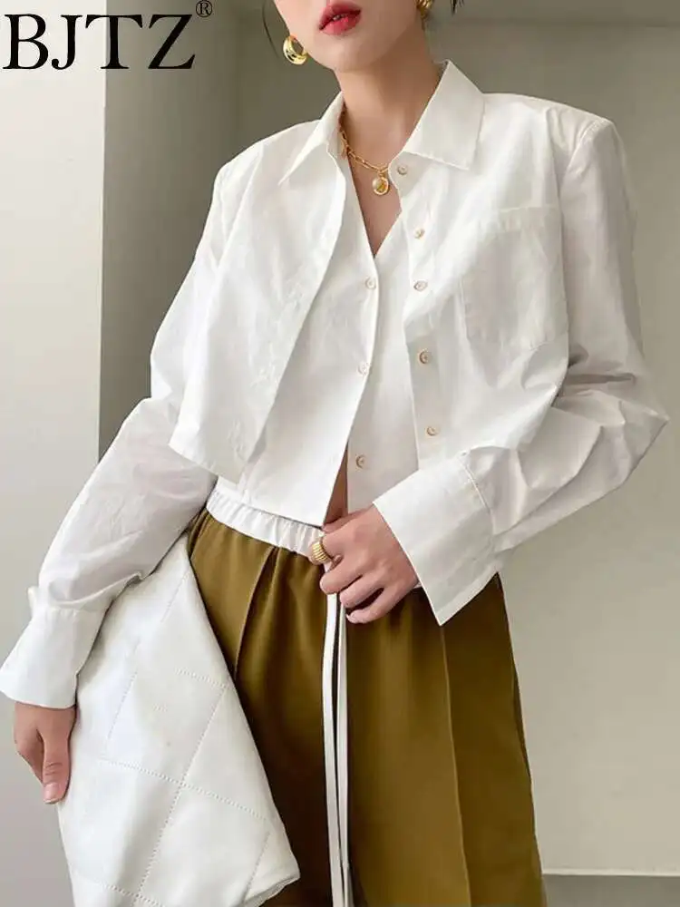 

BJTZ Designer Niche Short Korean Style Office Lady Shirt Casual Long Sleeved Fake Two-piece Top For Women 2025 Spring Summer New
