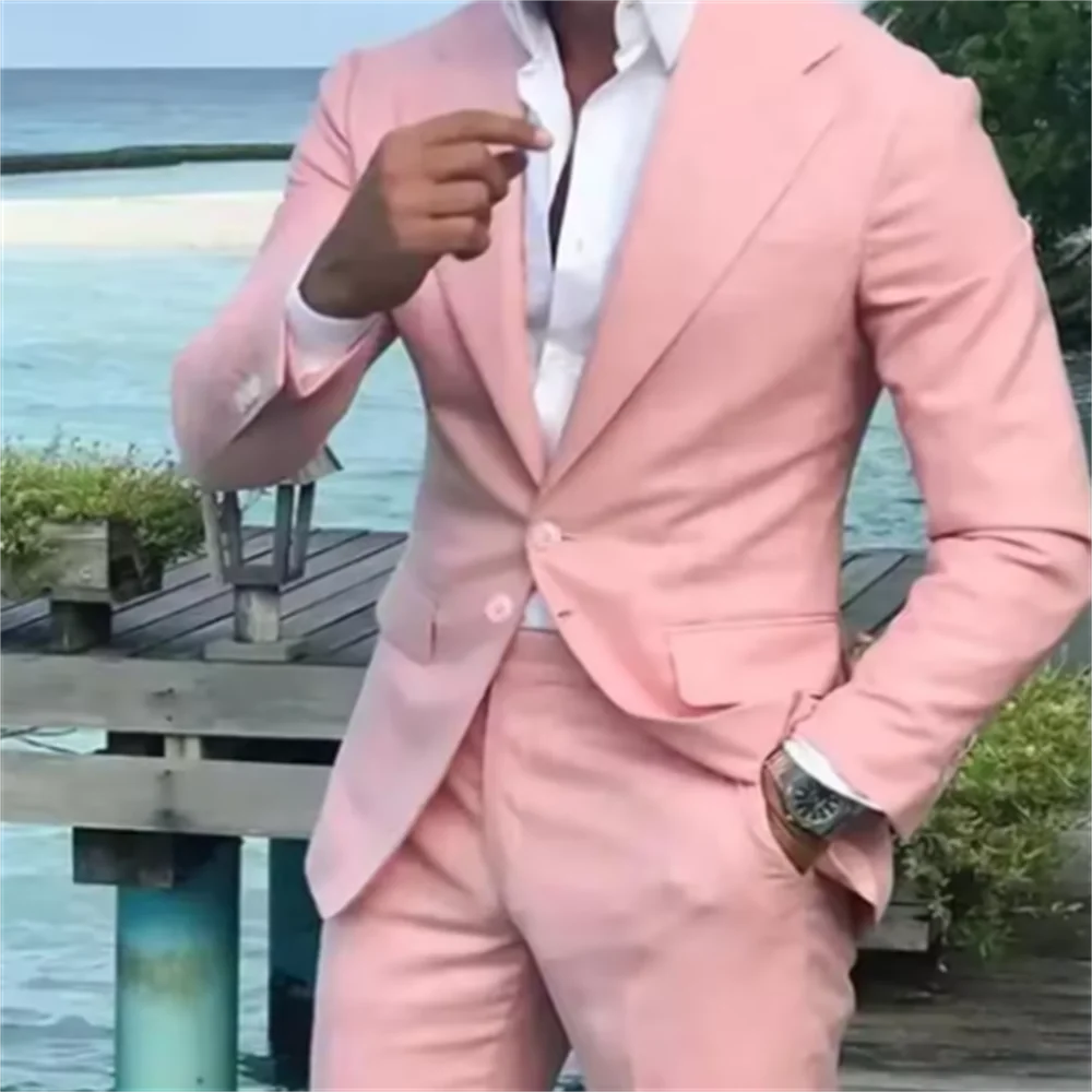 

Pink Wedding Tuxedos For Groom Wear Groomsmen Best Man Suit Men's Suits Bridegroom (Jacket+Pants) Prom Party Business Suits