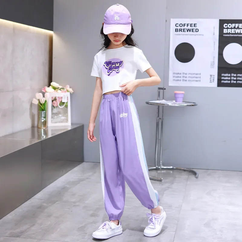 2024 summer Teens Clothes Set New Sport Letters Print Crop Top t shirt + Leggings striped Ankle-tied Pant Suit Child tracksuit