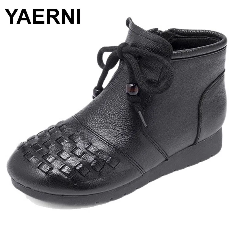 

Retro Hand Woven Genuine Leather Women's Boots Winter Warm Flat Heel Anti-slip Mother Shoes Round Toe Short Boots