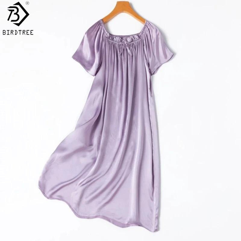 

Birdtree, 21MM 100% Real Silk Solid Nightgown, O-neck Short Sleeve, Women Plain Satin Pajama Homewear Dresses, 2026 New D66208JF