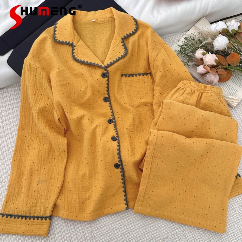 

Spring Autumn Polka Dot Print Home Wear Set Women's Cotton Gauze Pajamas Female Japanese Style All Cotton Loungewear Suit