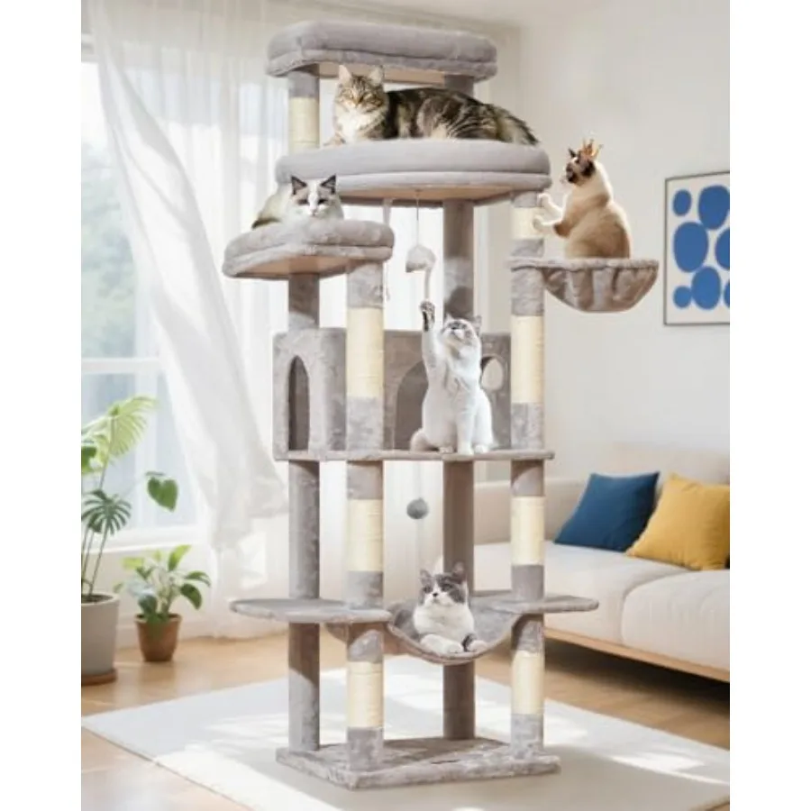 

Кошачья лежанка-когтеточка 71 дюймов для крупных кошек (20 фунтов+), 3 гигантских когтеточки, многоуровневая лестница-башня, расширенный кошачий домик с 9 когтеточками, размер L