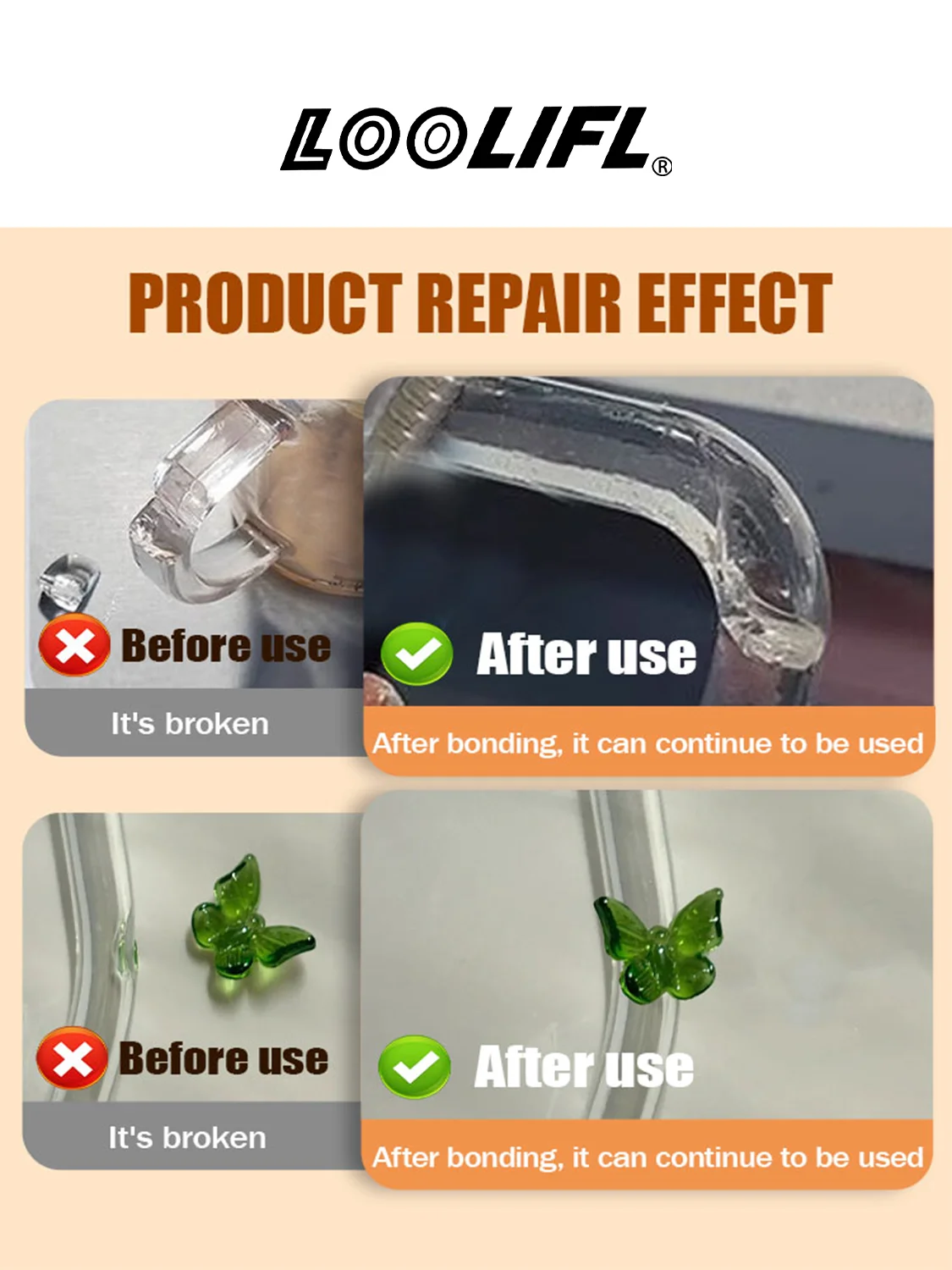 LOOLIFL adhésif de soudage super puissant, adhésif transparent imperméable à l'eau, sans trace de réparation, adapté pour le verre, la céramique, le bois, etc.