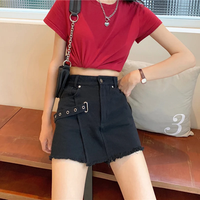 

Women Summer High Waist Plus Size Sexy Denim Shorts Skirts Chic Summer Fashion Casual Buckle Patchwork Fray Shorts Streetwear