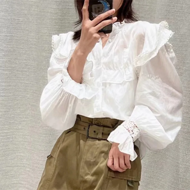 

Woman White Lace Shirt Patch Balloon Sleeves Office Ladies Elegant Blouses