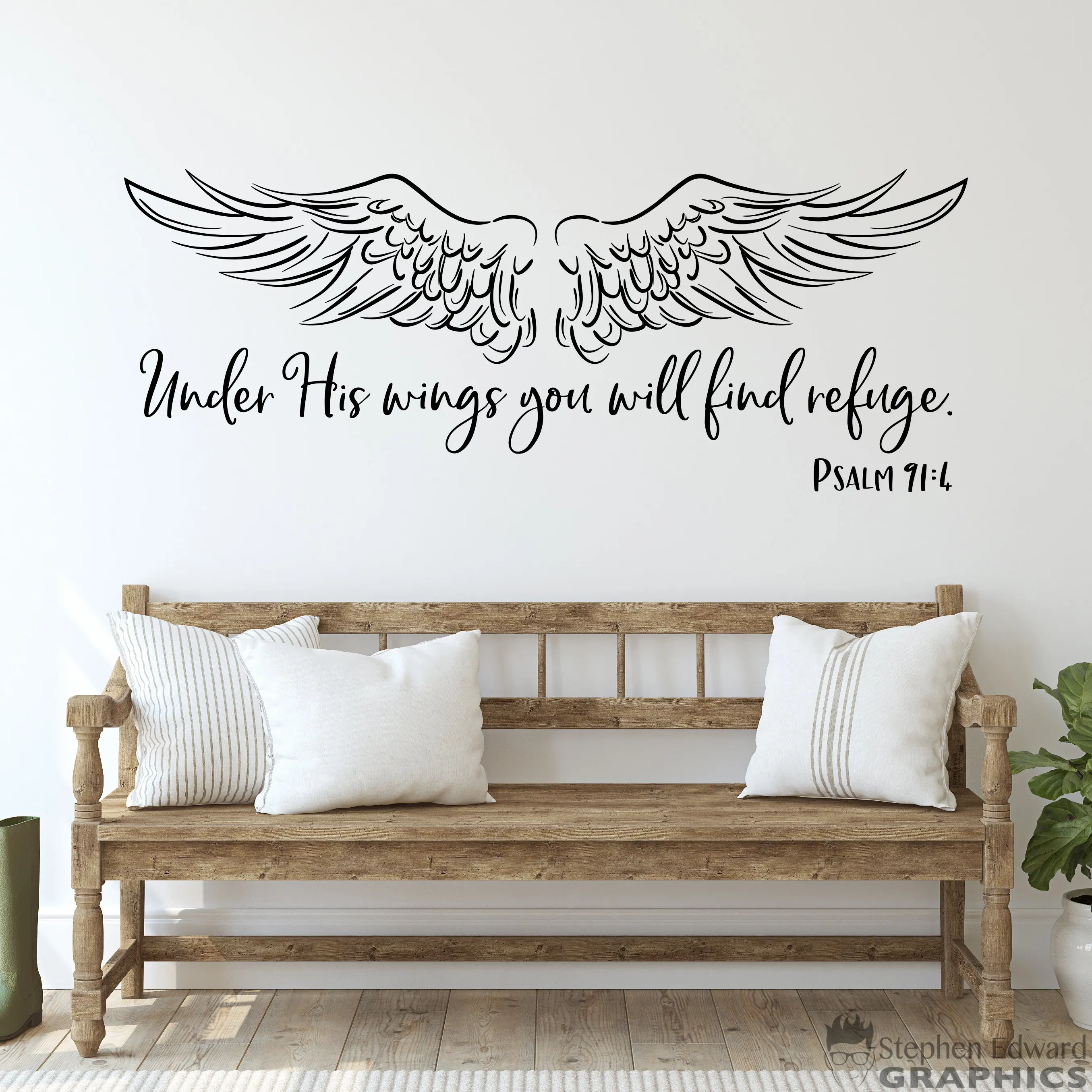 Large Bible Verse Christian Psalm 91:4 Wall Sticker Under His Wings You Will Find Refuge Wall Decal Bedroom Home Decor