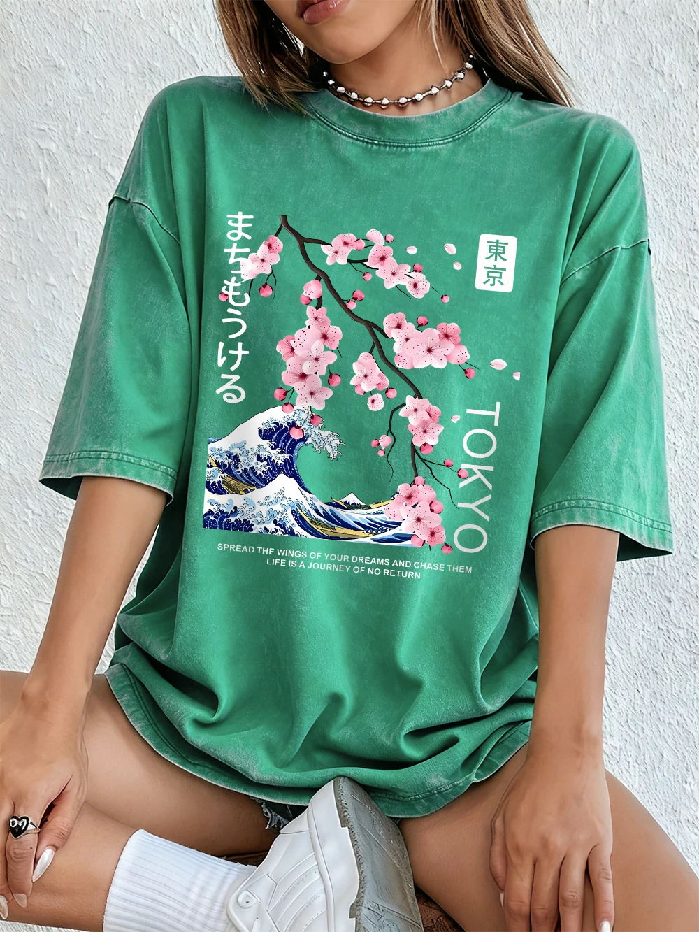 Tokyo Cherry Blossom Wave Cotton Washed T-Shirt Women Summer Oversize Tops Street Distressed O-Neck T Shirt Casual Woman Clothes