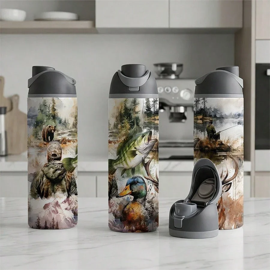 24-ounce insulated stainless steel water bottle, realistic watercolor paintings of wild animals, including deer, bass, and mallard ducks