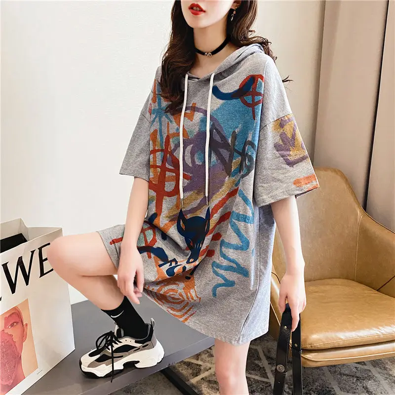 Korean Printed Loose Hooded T-shirt Female Casual Streetwear Midi Half Sleeve Pullovers Tops Summer Fashion Women\'s Clothing