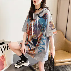 Korean Printed Loose Hooded T-shirt Female Casual Streetwear Midi Half Sleeve Pullovers Tops Summer Fashion Women's Clothing