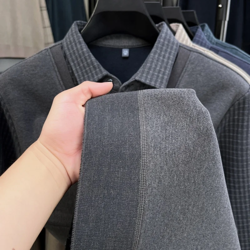 men's autumn winter high quality fleece-lined long sleeves pullover round neck keep warm false two-piece leisure men's clothing