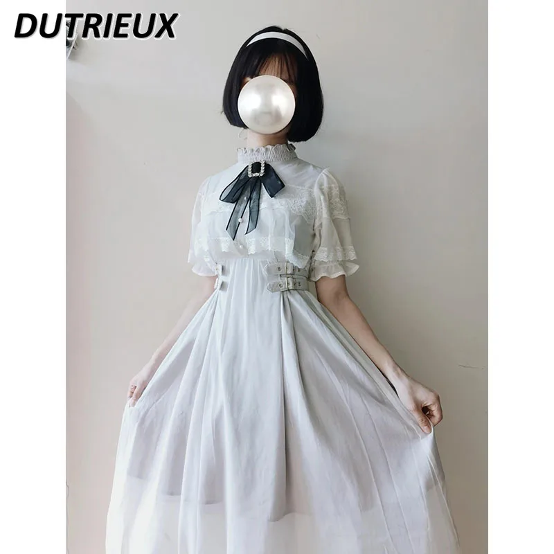 

Lolita Japanese Style Rojita Dress for Lady Spring Summer Mesh Big Bow Lace Elegant Stitching Women's Short Sleeve Dresses
