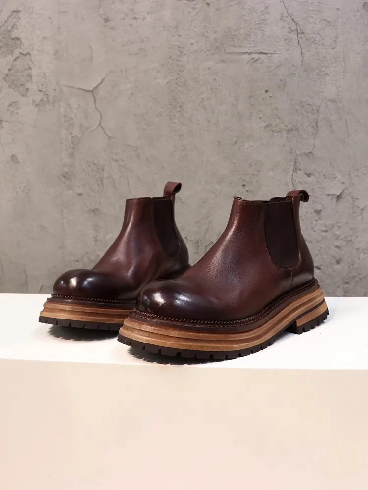 New Women Cowhide Genuine Leather Chelsea Boots Casual Slip-On Round Toe Thick Bottom High Top Shoes Vintage Female Short Boots