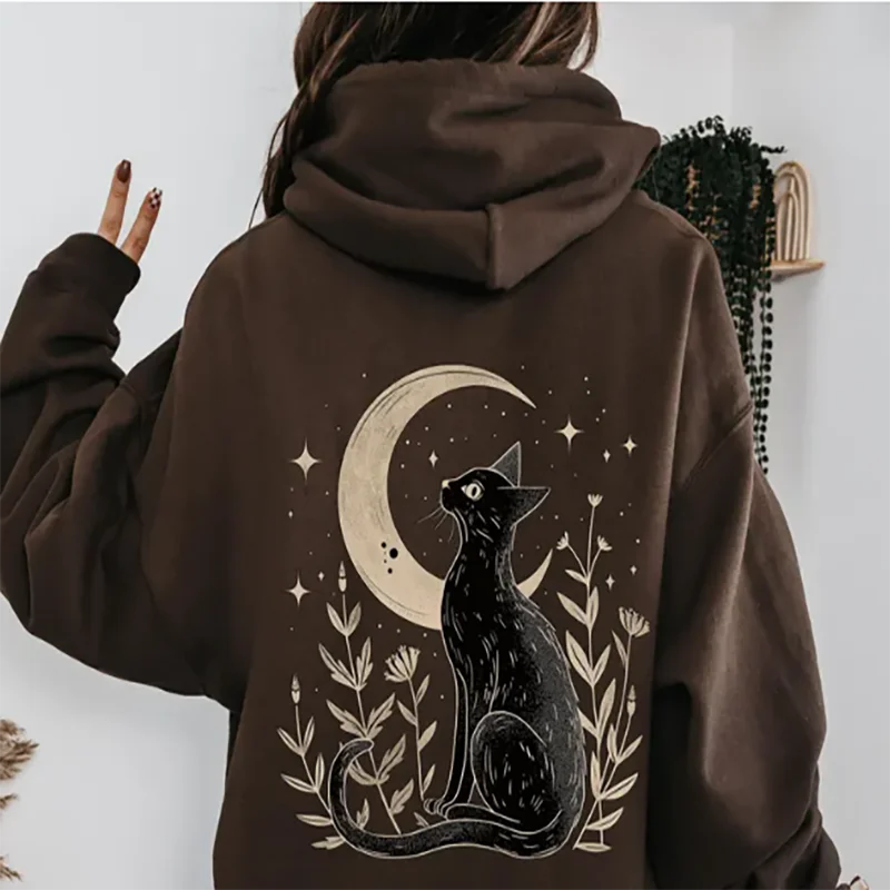 

Толстовка с капюшоном Mystical Cat Moon, винтажная эстетичная толстовка с принтом черного кота для женщин и девочек, мягкая хлопковая толстовка для любителей кошек